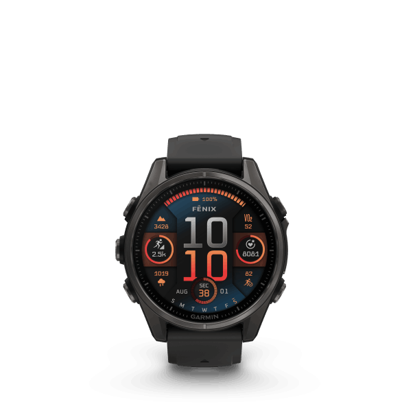 fenix 8 - 43mm, AMOLED, Sapphire, Carbon Gray DLC Titanium, Black/Pebble Gray band