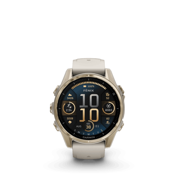 fenix 8 - 43mm, AMOLED, Sapphire, Soft Gold, Fog Gray/Dark Sandstone band
