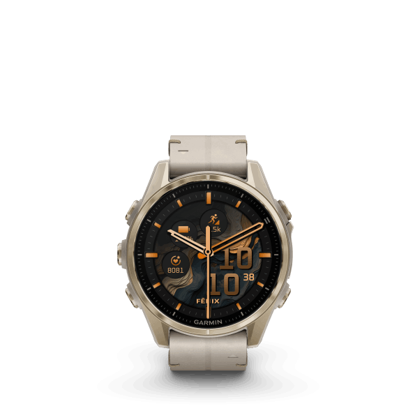 fenix 8 - 43mm, AMOLED, Sapphire, Soft Gold Stainless Steel, Fog Gray Leather band